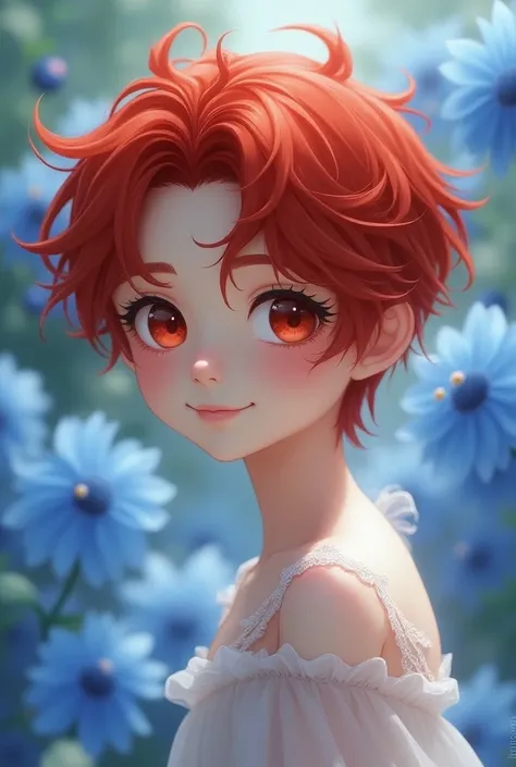  Create an image of a scarlet-haired male boy, light crimson eyes and large , long red eyelashes,  porcelain-like skin , and the hair up to the neck , but mesmerizing look and a well-shaped and slender body, sideways smile.
 With white and transparent garm...