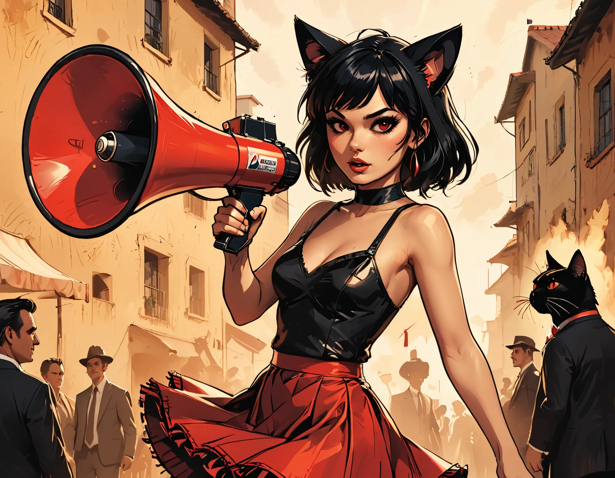 ((((using a megaphone ))  a woman junkotvvxl)), black hair, fringe, cat ears, red eyes, macro,  close,  graphic style comic book...