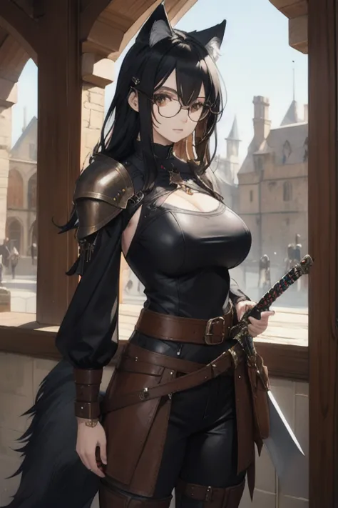 girl,  black hair , wearing glasses,  brown leather top ,  brown leather pants, boots,  big breasts ,  medieval scenery ,  metal...