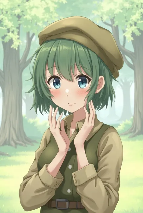  blush,  short hair, fringe, ,  blue eyes , beret,  Best quality , necessary, green hair, floating hair,  Big breasts , Deer ears,  Frowns furrowed, ashamed, image fill, soft colors, romanticism, outdoors, 