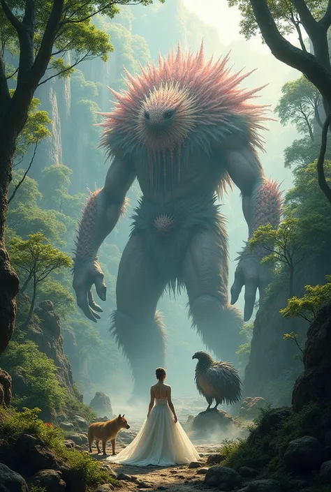 "Create an image of a giant creature inspired by Japans cultural elements, such as cherry blossoms and traditional temples, facing a beastly figure inspired by Brazil’s Amazon rainforest, adorned with vibrant feathers and surrounded by exotic wildlife. The...