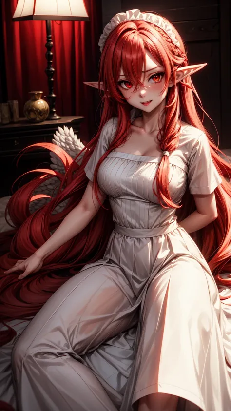 Chica anime,red eyes, red hair ,Elf ears,eleven, white dress ,long skirt,Milf,adult woman, long hair , wavy hair ,beautiful,Seductive face, seductive face ,Dressed like an angel 