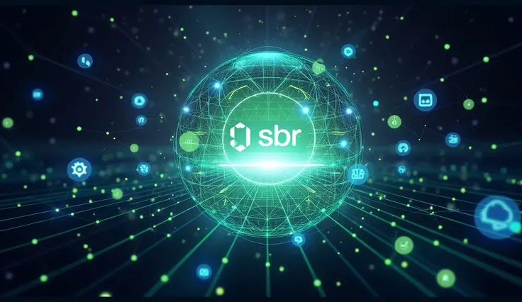 /imagine prompt: A digital holographic sphere representing the "Sber" ecosystem, composed of interconnected nodes, glowing green and blue network lines, and geometric structures, set against a dark, cosmic background. The design includes the "Sber" logo in...