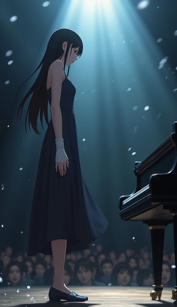 A dramatic moment in a large, atmospheric concert hall where Mitsuki Kanzaki, a tall woman with long, flowing black hair, stands disqualified from a prestigious piano competition. She wears a formal, elegant concert dress, and her right hand is wrapped in ...