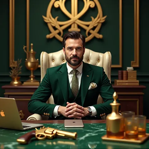  a nice normal beard and hair  guy wearing nice designer embrodary  green suit sitting in the office   with swag in big  office chair on the front side  big green and golden  marble table  on the table antique finish golden and wooden pistal one  golden wh...