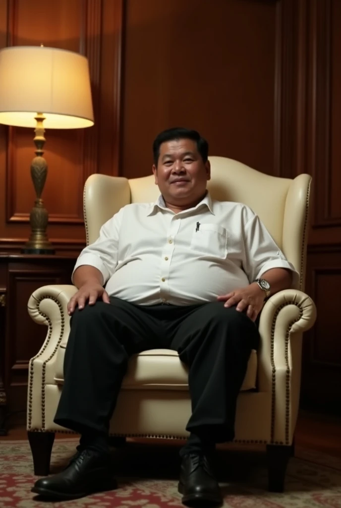 Photo of a quite fat Rodrigo Duterte sitting in a luxurious and soft cream leather wing chair. luxury wood panel background. on the left there is an antique standing lamp and it is lit. he sat with confidence and authority.