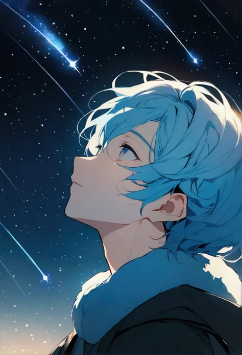 An image of a young and handsome boy with light blue hair gazing up at the starry night sky during winter, with shooting stars streaking across the heavens.