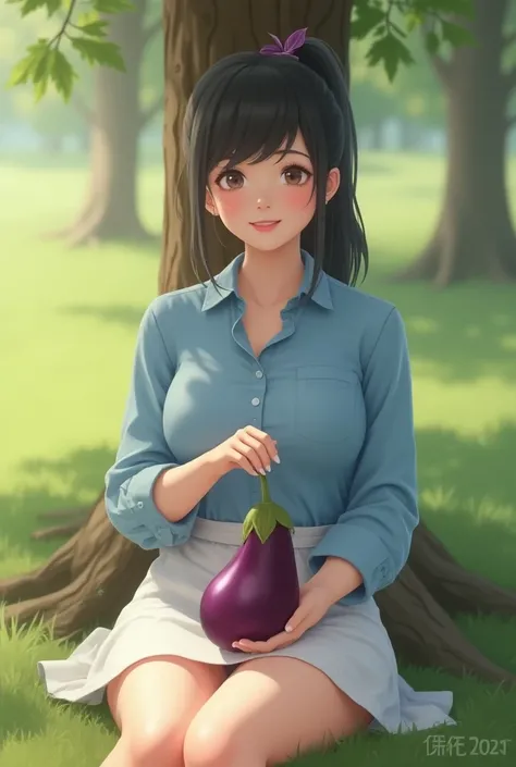 Create a 3D cinematic character of a beautiful Korean girl with short emo hair tied in a long ponytail on the left side, wearing a blue shirt, wearing a white knee-length short skirt, very large breasts, ideal body, A plump body, inserting a very (big) egg...