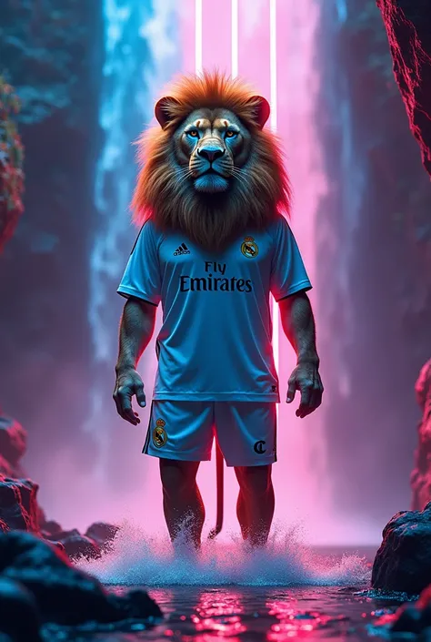 Lion in real Madrid shirt and nicker on water fall  with neon light