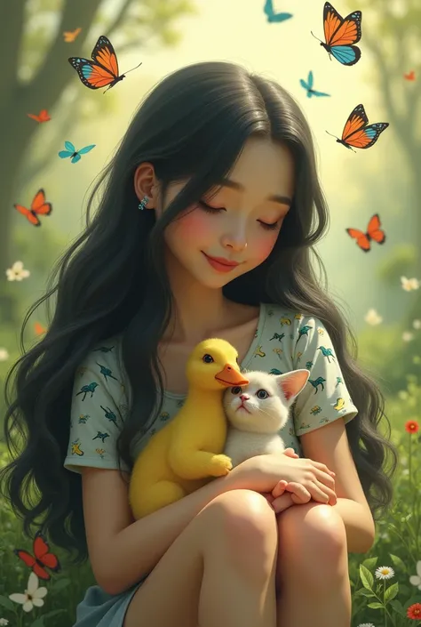 A realistic image of a woman with long black hair, a woman sitting hugging a duck and a cat wearing a dinosaur blouse with a background of butterflies. 