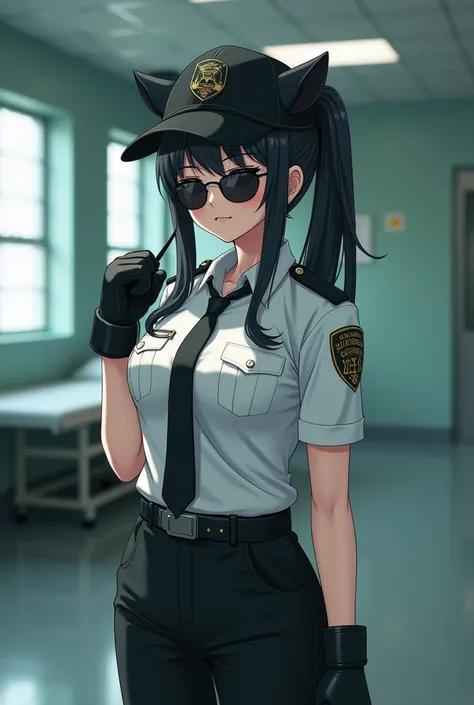 Adult prison guard women, black long pigtail hairstyle, black sunglasses, black hound ears, black dog tail, white officer shirt and black tie, black trousers, black officer baseball cap, black, talkie walkie on her shoulder, she was black boxing wrist supp...