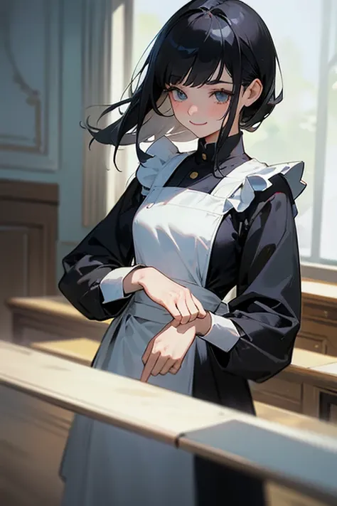 (    highest resolution, Clear_image) Best Quality, single, One woman, Alone, masterpiece,     multiple people having fun in great detail , Semi-realistic,   black hairのショートヘア,   black hair, bangs, 18 years old, Mature, light blue uniform, uniform,     ind...