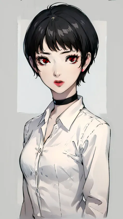 1 girl, very short hair, tomboy pixie haircut, black hair, red eyes, black lipstick, black lipstick, face portrait, black choker...