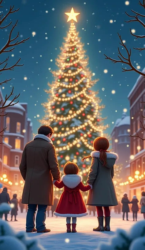 
“A , wearing a red and white Christmas dress with soft fur trim, stands with her parents in the center of a city square on a snowy Christmas night. Light snowflakes drift gently through the air, adding to the enchanting atmosphere. Before them stands a to...