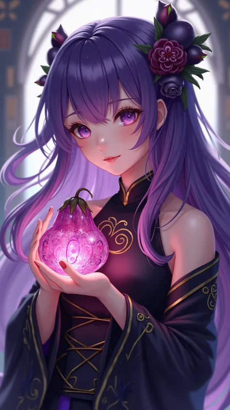  High Resolution, masterpiece,  high detail ,  Ultra HD,  Game Characters ，，，long purple hair,  Bangs, Black Chinese Drama Costume，Handmade Sugar Gourd ， Shine Effect ,