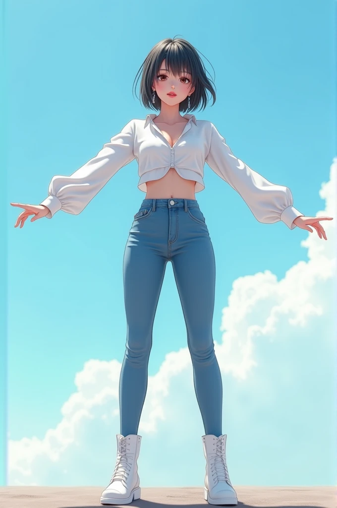 Hinata，ultra-high-resolution，pphotorealistic，Photorealistic， imagination， （realistic）， the clear sky， composition， （HDR：1.5）， plein-air， Complicated details，white blouse shirt，high waisted jeans，Long legs，White boots，Whole human body，Anterior convex and po...