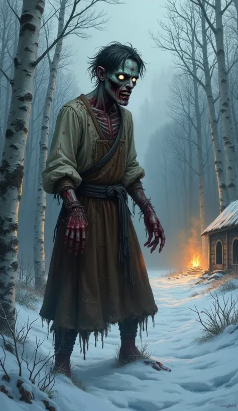 "Create an illustration of a Russian-inspired zombie, blending elements of Slavic folklore. The zombie should have decaying skin, blood-streaked features, and tattered, traditional peasant clothing with exposed bones and rotting flesh. Its hair should be s...