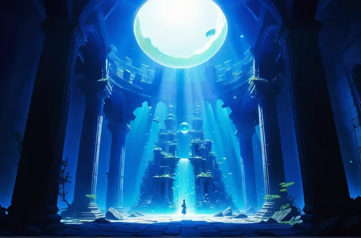 (masterpiece, Best Quality, Super detailed,anime,8k,), A place like an underwater ruins is depicted ,Symmetrical ruins ,( There is a large hole in the ceiling 、The light is coming from there),(Bubble), The pillars and arches of the ruins are about to colla...