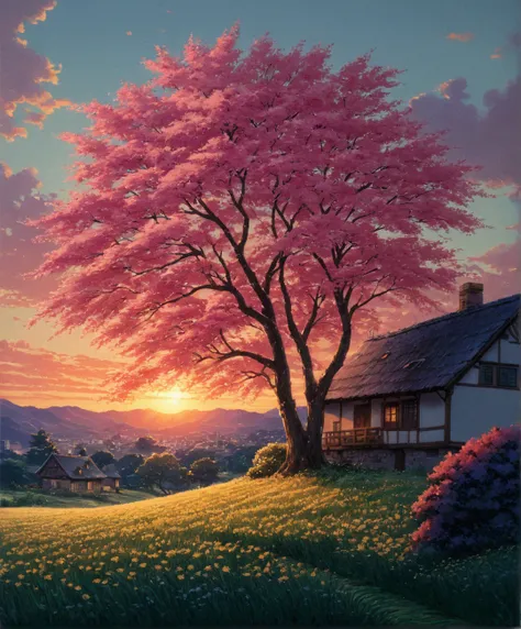 painting of a tree in a field with a house in the background, beautiful anime scene, anime beautiful peace scene, beautiful anime scenery, anime landscape wallpaper, anime scenery, anime countryside landscape, anime art wallpaper 4k, anime art wallpaper 4 ...