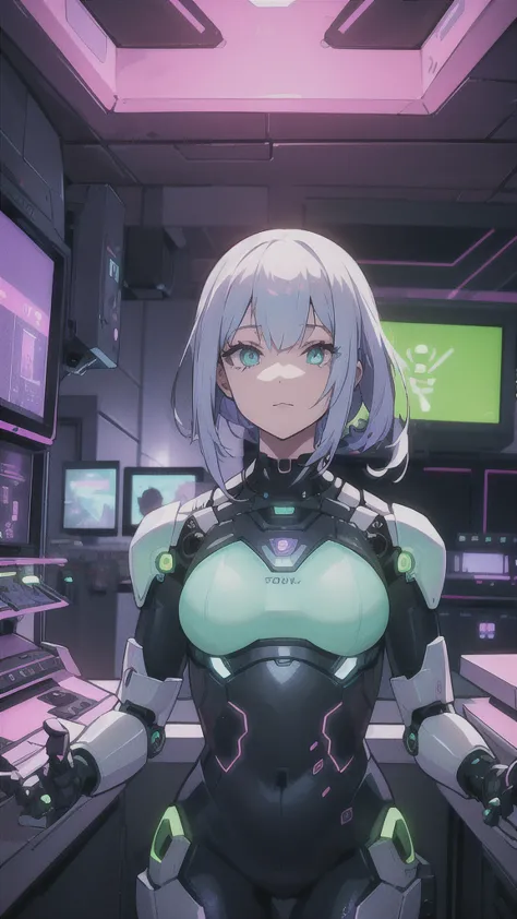 An android girl with robotic prothesis, in a neon future scene, spatial station