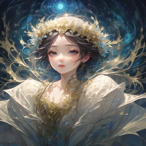 An anime-style illustration in a gothic-style mansion at night, where a full moon casts a soft, blue glow through the arched windows. Outside, a starry night sky inspired by Van Goghs Starry Night is visible, with swirling stars and deep blues. A beautiful...