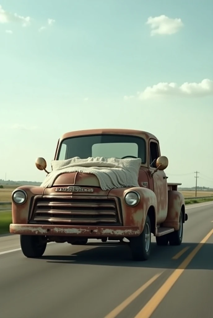 Kingsize bed driving on the higway but it looks like an old chevy pickup truck its still a bed you sleep in with a blanket and pillows