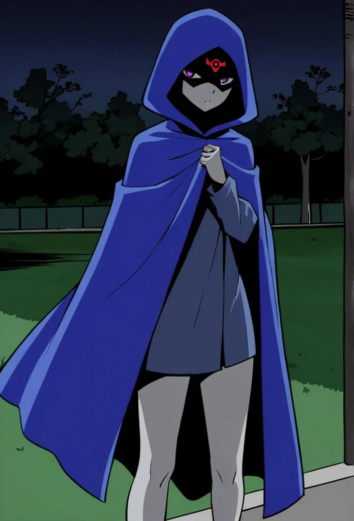 1girl, solo, raven (dc), purple eyes, purple hair, grey skin, forehead jewel, blue cape covering whole body, cape touches the ground. long blue cape, standing, night, park, hood covered head, Masterpiece, Best Quality, 