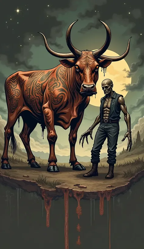 Create the image of a tattooed Ox and a farmer. Flashy images with a horror aspect