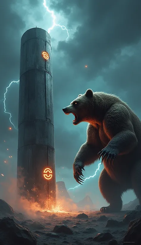 An angry bear and a cylinder face each other in a fierce confrontation. The bear stands on its hind legs, eyes glaring with intense fury, claws raised, and fur bristling. The cylinder is metallic, towering, and menacing, with sharp, aggressive edges and gl...