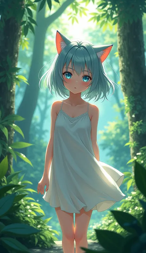 Cat anime girl with blue eye stand in jungle with wear white top