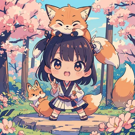 ((( masterpiece,original,  virtual idol ,  anime style, the personification of a fox, chibi character, ninja, ninjaの額の鉢巻き, shuri...