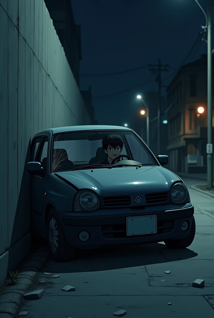 Create an image in the style of Makoto Shinkai He deliberately crashed his car into the wall.