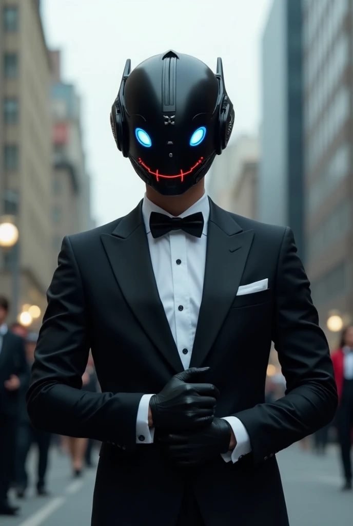  The character in the image wears a formal black tuxedo suit with a white shirt and a black bow tie . Besides, Wear black gloves.  His head has a helmet or mask that resembles a robotic face or an animated character ,  with a line in the form of a red smil...