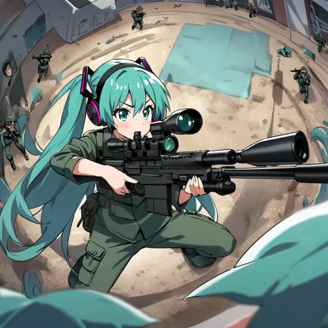 Hatsune miku crouch aiming a sniper, full body, army clothes