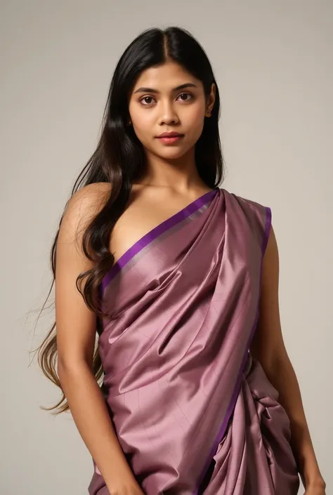 A portrait of a young Indian woman, captured in a minimalist setting. She is wearing a shiny, saree, large cleavage, busty ,curvy figure,