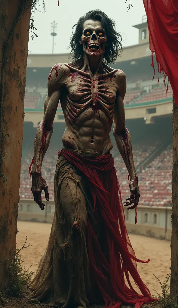 "Create an illustration of a Spanish-inspired zombie, blending elements of traditional Spanish culture. The zombie should have decaying, pale skin with exposed bones and dark blood streaks around its mouth and body. It should have shoulder-length, wavy hair that is torn and uneven. The zombie should be dressed in a tattered matador outfit or a flamenco dress, with parts shredded to reveal decomposing flesh.

The eyes should be stark white, emitting a lifeless and haunting gaze. The setting should be an old, abandoned bullfighting arena, with crumbling stone seats and ivy creeping through the cracks. Dim lanterns casting flickering light should add to the eerie atmosphere, and red banners should be torn and fluttering in the wind, blending the spectacle of Spanish culture with horror."