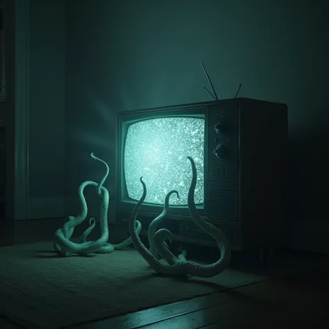 TV with static , front view. horror,  supernatural , 2005, Very epic scene, Horrific , spectral, Lots of tentacles coming out of the screen, weird,  room 