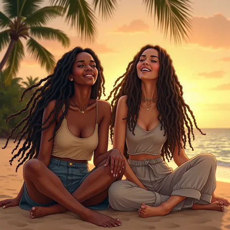  beautiful women with dreadlocks wear casual clothes。Palm trees on the beach at sunset 。 women are singing comfortably 。