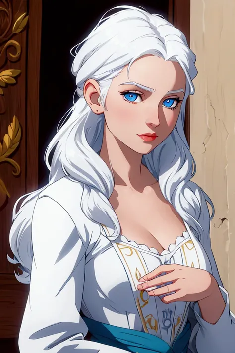 Young woman, white hair, blue eyes, beautiful, adventurer, French European, bard