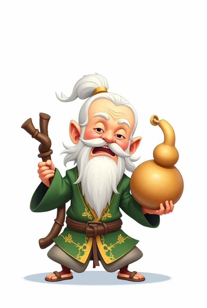 Chibi anime 2D, sticker, An animated cartoon of an elderly sage with a long white beard. The sage is in a chibi style, wearing green and gold traditional robes with intricate patterns. (((He holds a large Gourd Water Bottle in his right hand, swinging it h...