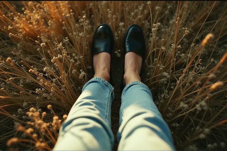 "Create a vintage-style image inspired by 1965, with a top-down, overhead view angled directly downward, as if the woman herself is capturing the moment from her own perspective, looking down at her legs. She wears high-waisted, slightly faded blue jeans a...