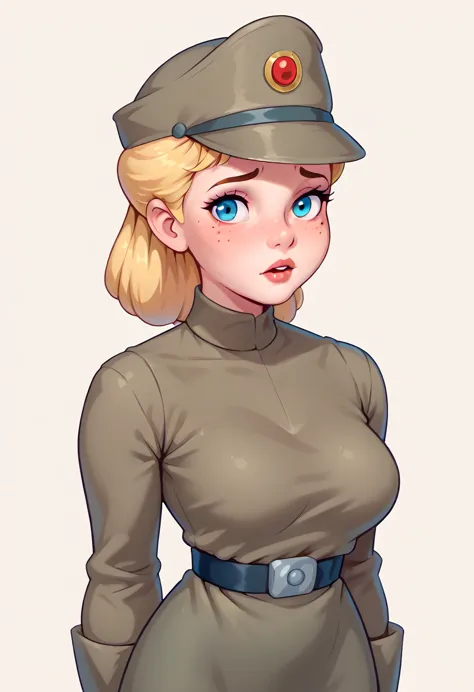 classic disney 2d cell animation, teenage wendy, olive imperialofficer uniform and hat, pale skin, blonde hair, freckled cheeks,...