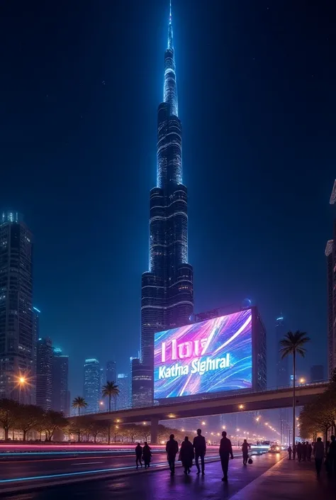 A vibrant nighttime scene featuring the Burj Khalifa, the tallest skyscraper in Dubai, set against a dark blue sky with twinkling stars. The buildings façade is illuminated, with a massive digital display, showcasing a bright, colorful advertisement featur...