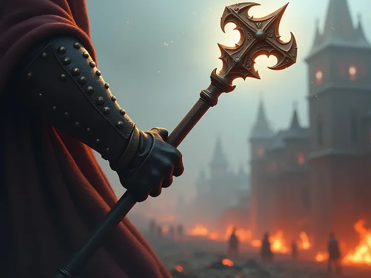 digital painting, medieval, fantastic, one
hand in a nailless studded leather glove gripping a magic staff. A speed effect blurring the demonic war background