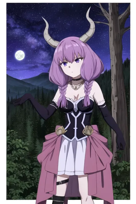 Night Sky, forest, Conceit,  Guillotine Aura, Long Hair, ( purple eyes:1.1), Purple Hair,  braided , horn, twin  braided s, skirt, Knee-high, Gloves,  choker, black Gloves, elbow Gloves