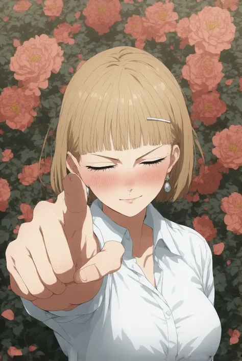 (best quality, masterpiece, highres),1girl,solo,short hair,beige hair,hairclip,earrings,closed eyes,clenched teeth,restrained,blush,
flower,finger gun,petal,hand up,