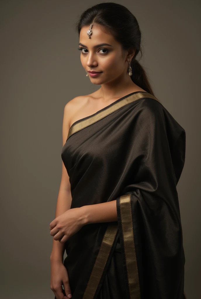 A portrait of a young Indian woman, captured in a minimalist setting. She is wearing a shiny, saree, large cleavage, curvy figure,