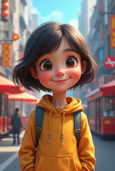 round-faced girl, with big brown eyes,  upturned nose and friendly smile, in a city environment .