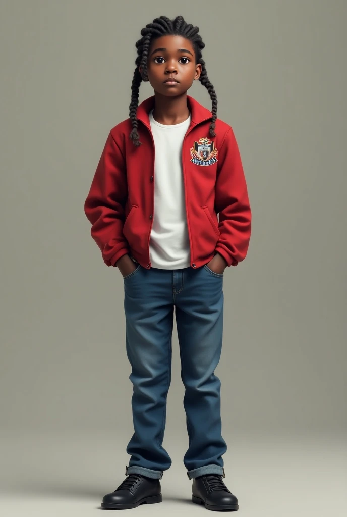 A Full Body 18-Year-Old Teenage Boy . dark skinned, with braids in the hair that go up to the neck, in school uniform.
 Uniform Description :
white sleeveless shirt.
 Red jacket with the schools coat of arms called Las Estrellas.
Blue jeans.
 black shoes ....