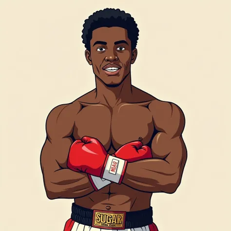 " Anime-style drawing of the famous black boxer Sugar Ray Leonard,  with his arms crossed and wearing red boxing gloves .  Calm and confident face , Happy mad without smiling .  He is wearing boxing shorts ,  and the belt has SUGAR written on it . black sk...